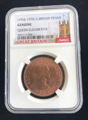 1966 GREAT BRITAIN PENNY ~ NGC GENUINE ~ UNCIRCULATED ~ BRONZE ~ CASTLE LABEL - Image 1 of 4