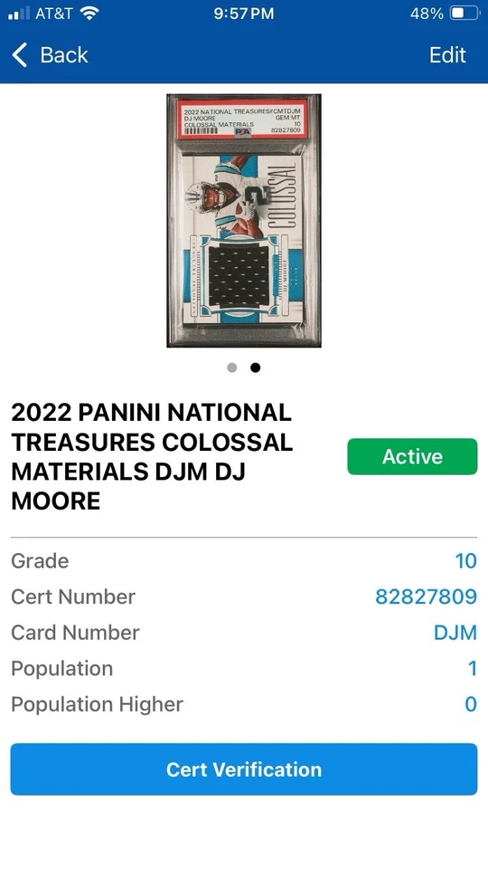 2022 Panini National Treasures DJ Moore Colossal Jumbo Patch /49 PSA 10 POP 1 - Image 4 of 4