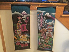 Setx2 VTG 60s Japan Handpaint BLK Velvet Scroll Painting BLK Light Wall Art 33&rdquo;