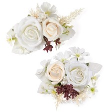 White Rose Corsage and Boutonniere Set, Prom Flower Wrist Corsage for Wedding...
