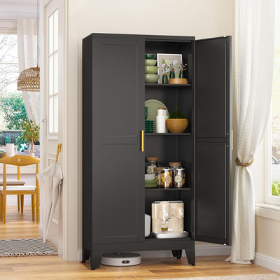 Metal Storage Cabinet with 2 Doors and 3 Adjustable Shelves, Black Kitchen Pantr