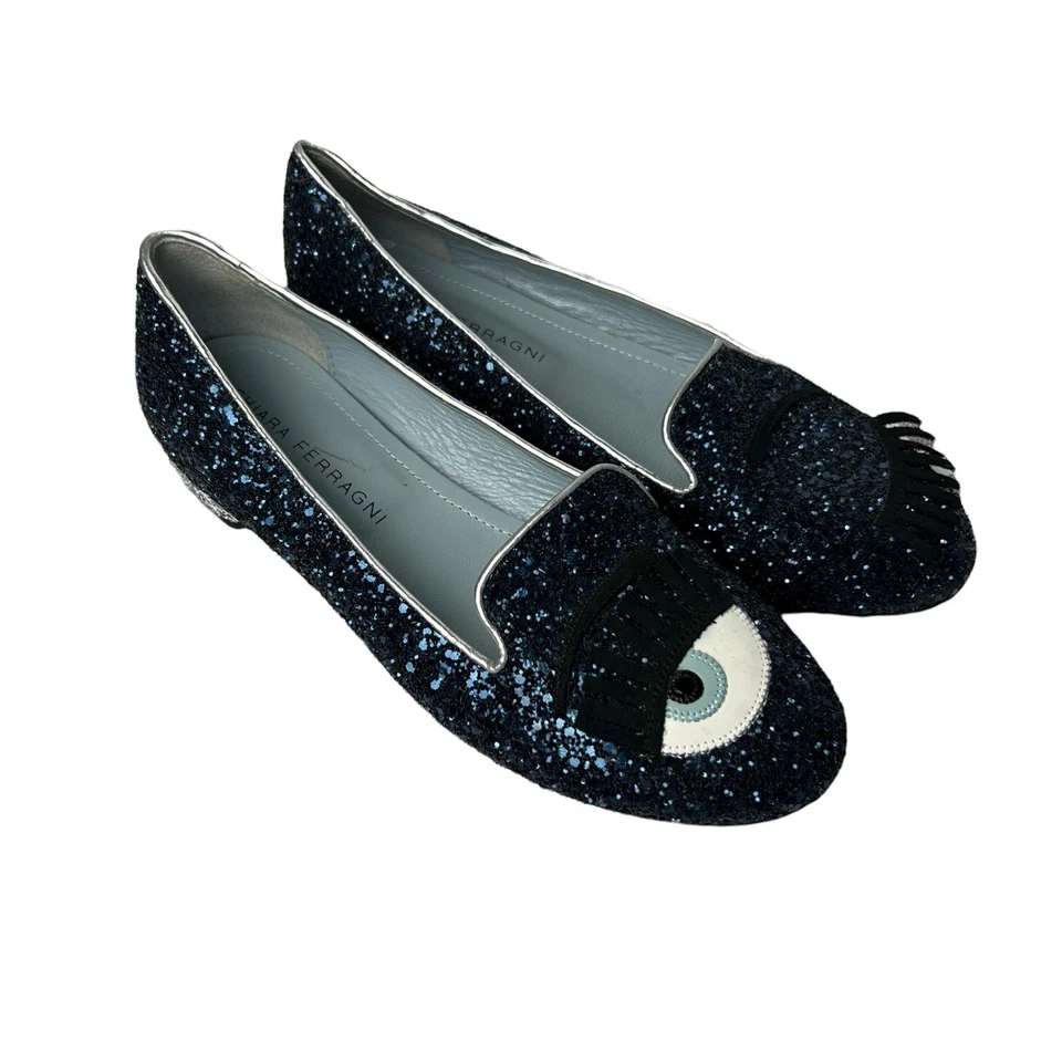 Chiara Ferragni Blue Silver Glitter Flirting Eye Winking Eye Slip-On Flats - Image 2 of 4