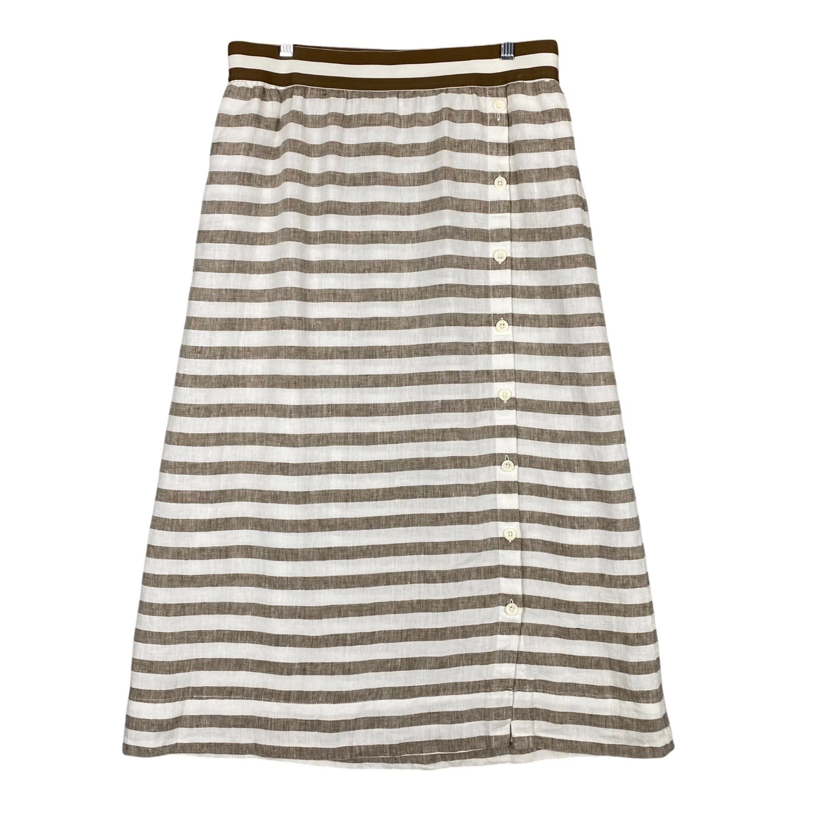 J. Jill Love Linen Striped Button Front Midi Skirt Womens Medium Brown White