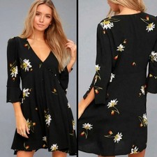 Free People Black Floral Snap V Neck Wrap Mini Dress XS