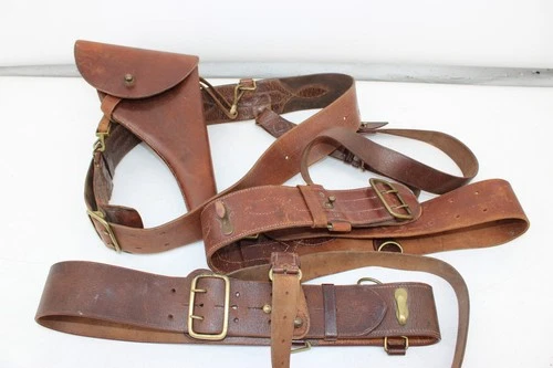 T x3 Antique WW1 Sam Browne Military Belt & Webley Holster, Brown Leather, Brass