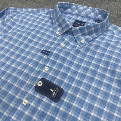 Johnnie-O Roosevelt Performance Shirt Men s XXL Blue White Plaid Button Down NWT