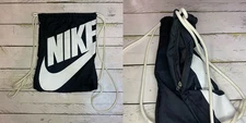 Nike Gymsack Drawstring Bag Swoosh Logo Spell Out Black White Zip Pocket School