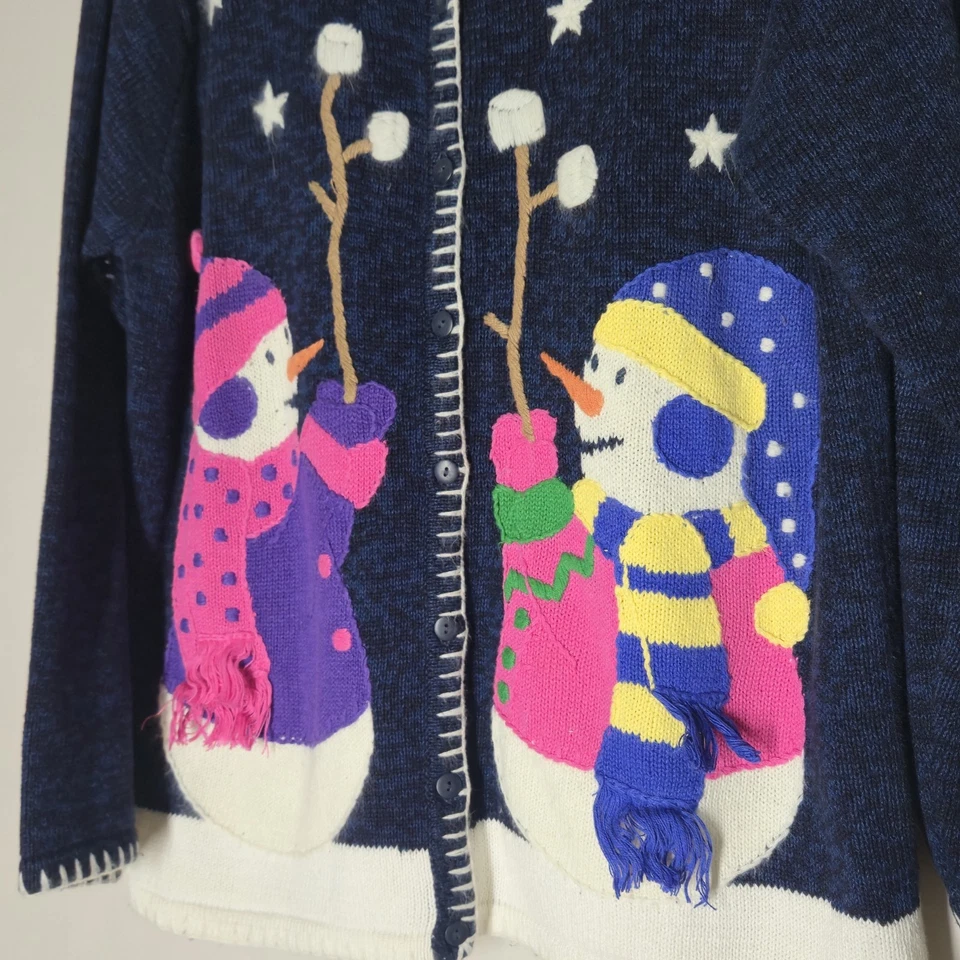 Vintage Quaker Factory Winter Christmas Sweater Knit Cardigan Snowman Size L - Image 2 of 4