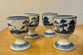 Set of 4 Blue White Blue Vintage Footed Porcelain Egg Transferware