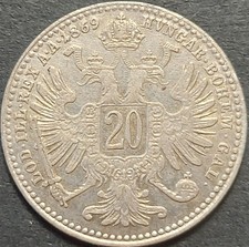 AUSTRIA ÖSTEREICH 20 KREUZER 1869 KM#2212 XF++ SILVER FRANC JOSEPH I. 1848-1916