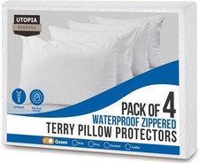 Soft Terry Waterproof Pillow Protectors with Zipper Queen Size, Set of 4