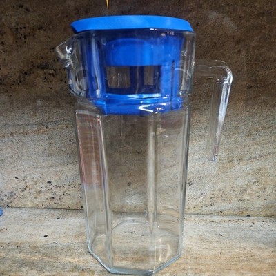 Pasabahce Turkey Glass Pitcher 9'' Octagon Carafe Blue Lid 40 oz Refrigerator Jug