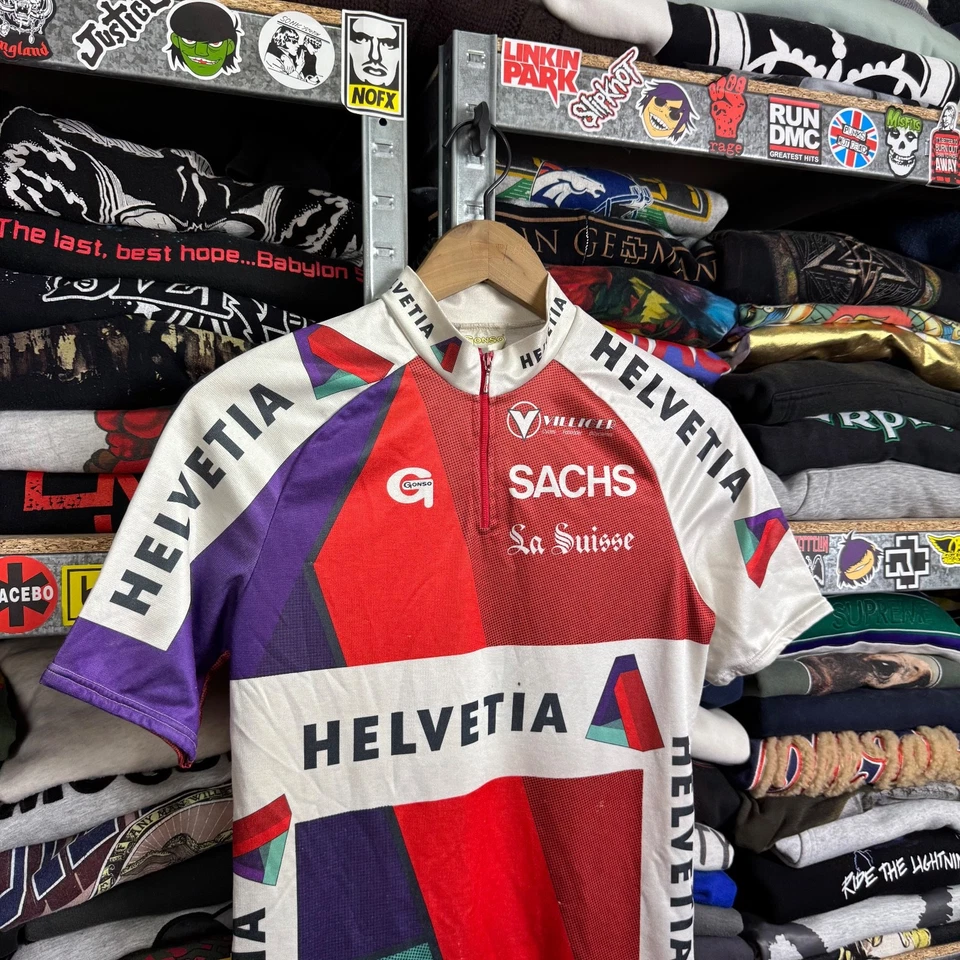 CAMISETA DE CICLISMO GONSO HELVETIA VINTAGE AÑOS 80 TALLA S JÖRG MÜLLER TOUR DE SUISSE RARA Foto 3 de 4