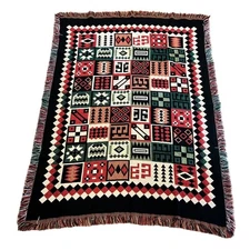 VTG Crown Crafts Throw Blanket Southwestern Geometric Quilt Block Browns 42x58”