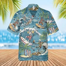 Surfing Skeleton Hawaiian Shirt–Tropical Beach Print, Unisex Adult & Kids Sizes