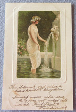 1901 HUNGARIAN Art Embossed Postcard TEENAGE GIRL BATHING IN FOUNTAIN LION HEAD