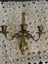 Vintage Triple Armed Heavy Brass Candle Light Wall Sconce MCM 8.25" Tall