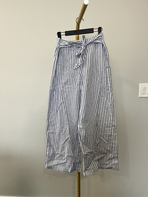 Women's Blue White Striped Linen Wide-Leg Pants Tie Waist Elastic 
