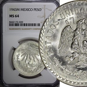 Mexico ESTADOS UNIDOS MEXICANOS Silver 1943 M Peso NGC MS64 GEM BU KM# 455 (020)