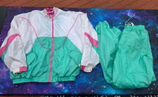 Vintage 80s Colorblock Windbreaker Set Size Medium teal Pink Nylon Jacket Pants