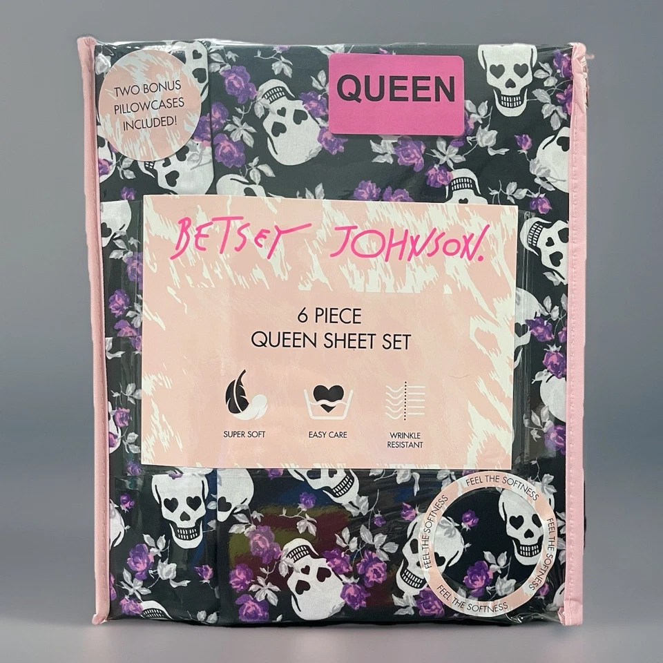 Betsey Johnson 骷髅花园紫色玫瑰 6 件套大号床单套装全新万圣节 — 第 2/4 张图片