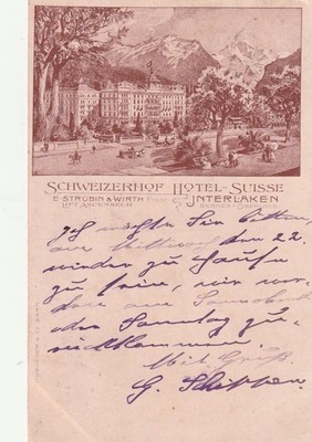 Postcard Interlaken Switzerland Schweizerhof Hotel Suisse Bernese Oberland 1903