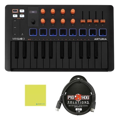 Arturia MiniLab 3 25 SlimKey Controller Bundle 3ft Pig Hog MIDI Cable &