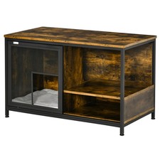 Wood Steel Cat House, Small Kitten Cage w/ Sliding Doors Rustic Brown