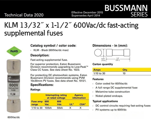 Fusibles de acción rápida Bussmann KLM-7 KLM7 7A 600ac/dc 1 pieza - Imagen 4 de 4