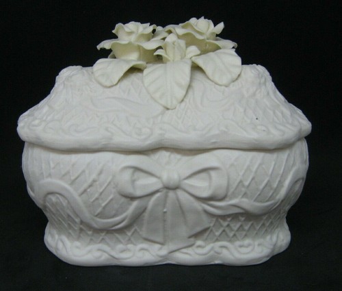 Vintage Ivory Bisque Floral Covered Heart Trinket Box 5.75" x 5" tall NIB