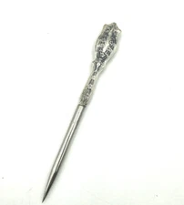 Antique Art Nouveau Embossed Sterling Handle Awl Punch Stiletto Sewing Tool