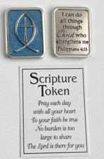Ganz Scripture Token Charm Blue w/Ichthus Fish "I Can Do All Through Christ" 1"