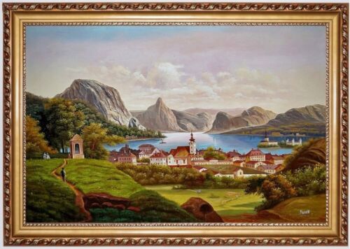 Quadro ad olio Gmunden castello Orth Wilhelm Jankowsky dipinto a olio dipinto a mano per: 60x90 cm - Foto 1 di 4