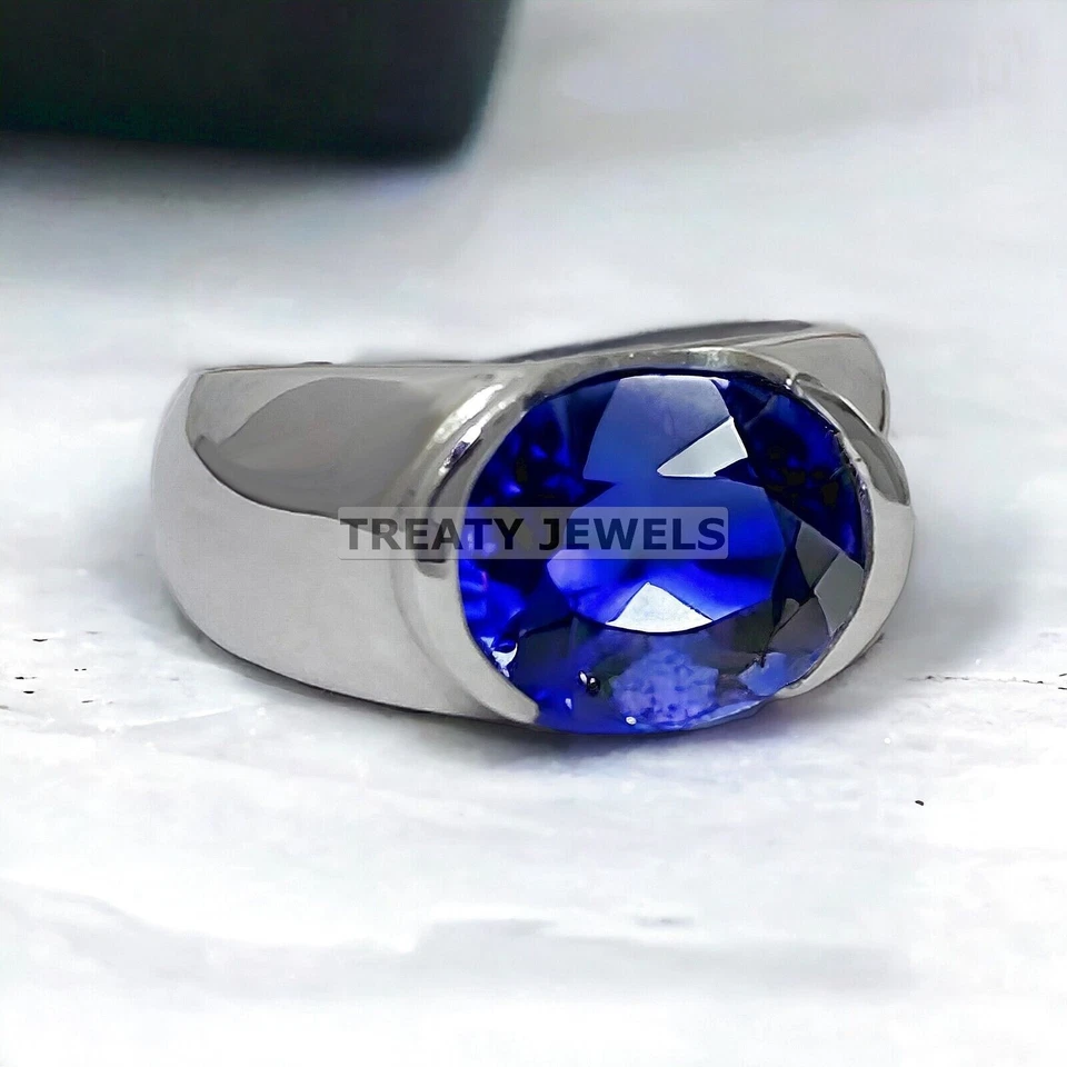 Piedras preciosas de zafiro azul de corte ovalado con anillo de plata de ley 925 para hombre #362 Foto 3 de 4