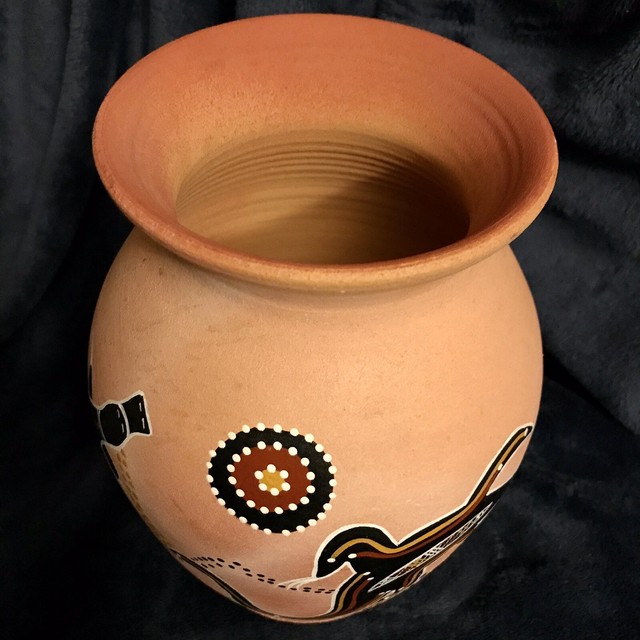 MCM Hand Painted Australian Aboriginal Art Pottery Terracotta Vase