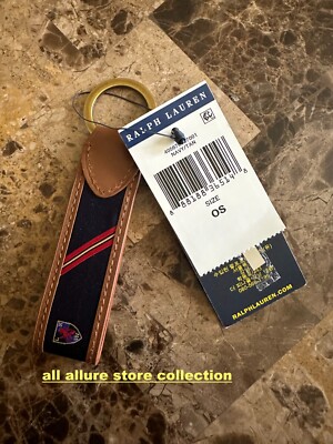 NWT Polo Ralph Lauren Leather Trim w/Silk Crest Split O-Ring Key