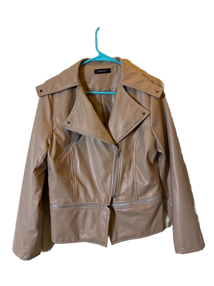 Oioninos Women Sz S-M Moto Jacket Faux Leather Taupe Long Sleeve