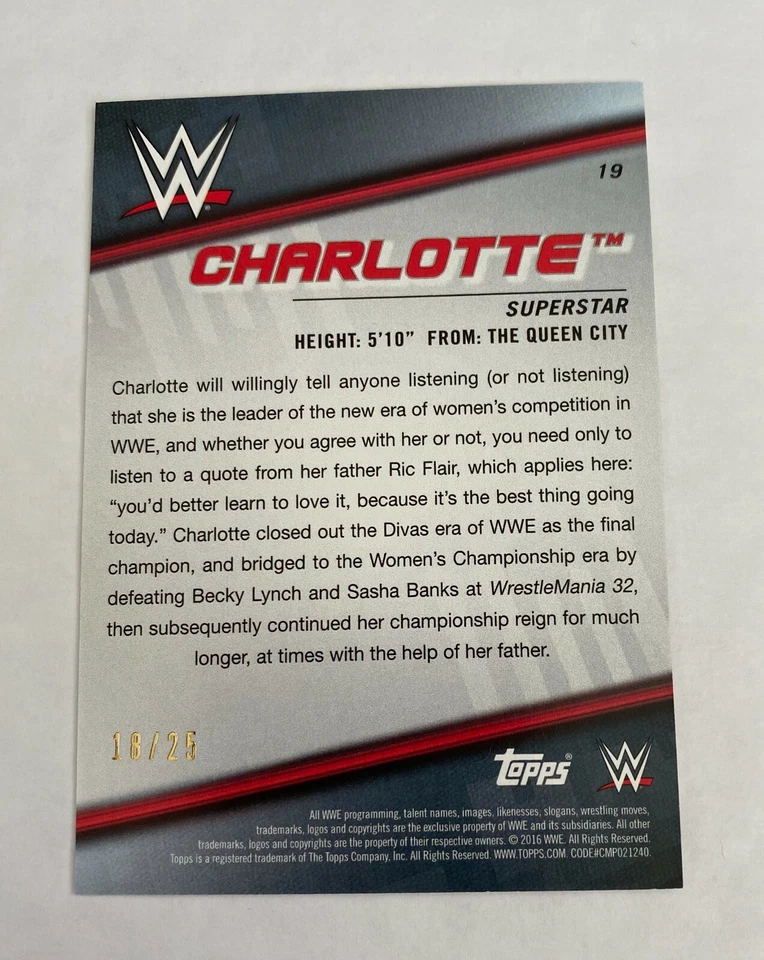 CHARLOTTE FLAIR /25 Pink Variant 2016 WWE Topps Divas Revolution #19 Women's - Image 2 of 2