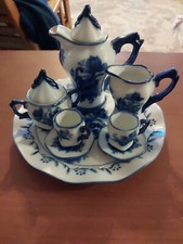 Vintage Miniature Blue  White Porcelain Tea Set, 10 Piece Rose Full Tea Service