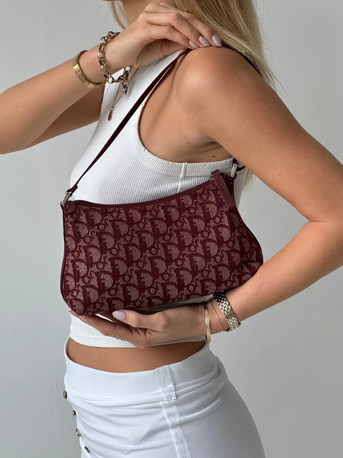 Sac à bandoulière Christian Dior bordeaux rouge monogramme (2011)