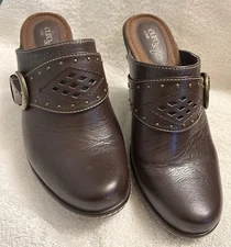 Brown Leather High Heel Clog Type Eurosoft By Sofft US Ladies Size 8.5M. 3”heel