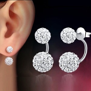 1 Pair Women Lady Jewelry Silver Double Beaded Rhinestone Crystal Stud Earrings