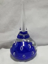 Glass Teardrop Controlled Bubble Ring Holder/ Paperweight Clear/Blue Glass 