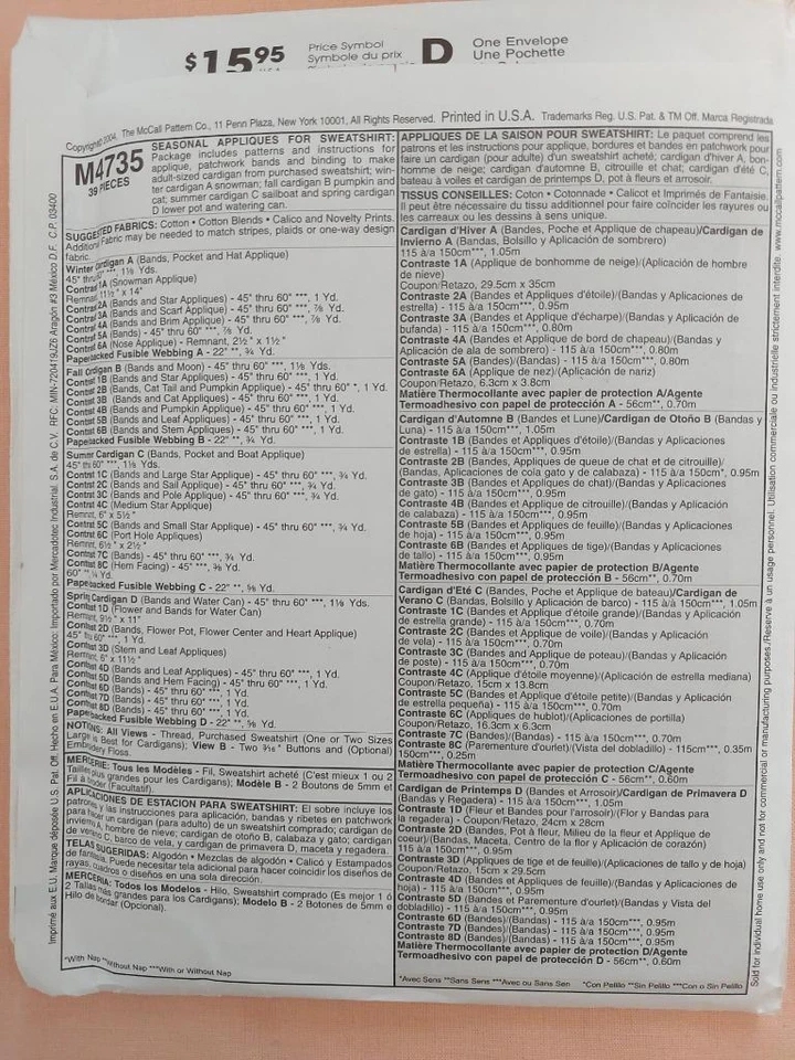 McCall's 4735 Seasonal Appliques for Sweatshirts Pattern - Image 2 of 2