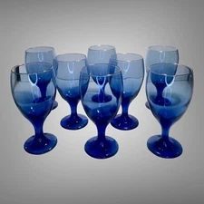 8 Libbey Cobalt Blue 16 oz Iced Tea Water Stemmed Goblets Gold Trim