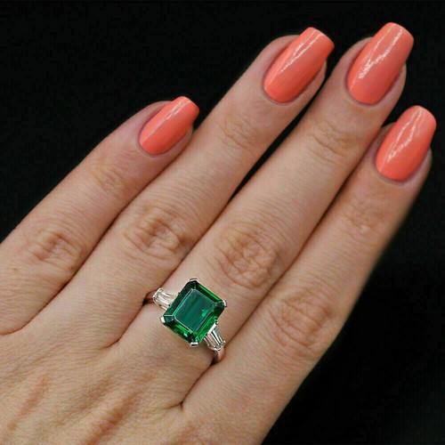 14K White Gold Finish 2.50Ct Emerald Cut Diamond Three Stone Womens Wedding Ring - Picture 5 of 9
