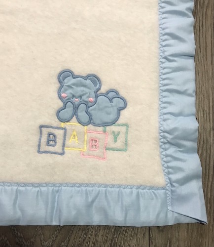 Vintage Cuddle Time Baby Blanket Blue Bear On Blocks Baby Satin Trim 35.5”x45.5 - Picture 2 of 5