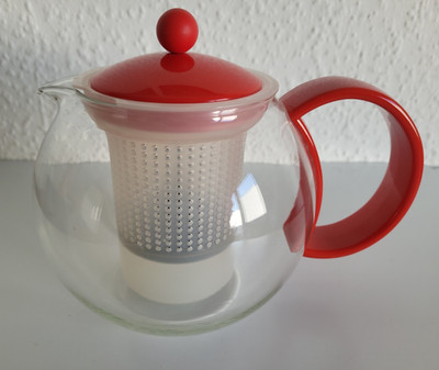 Teekanne 1 Liter mit Siebeinsatz, Teebereiter Bodum rot 80er Jahre Vintage
