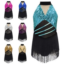 Girls Costume Sequin Dancewear Mesh Leotard Overlay Dress Color Block Ruched