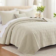 Beige Oversized California Cal King Size Quilt Bedding Set with Pillow Shams,...